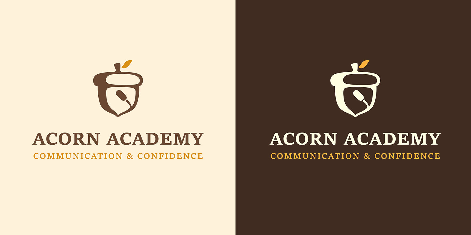 Final Acorn Academy logo and wordmark shown on light and dark backgrounds.