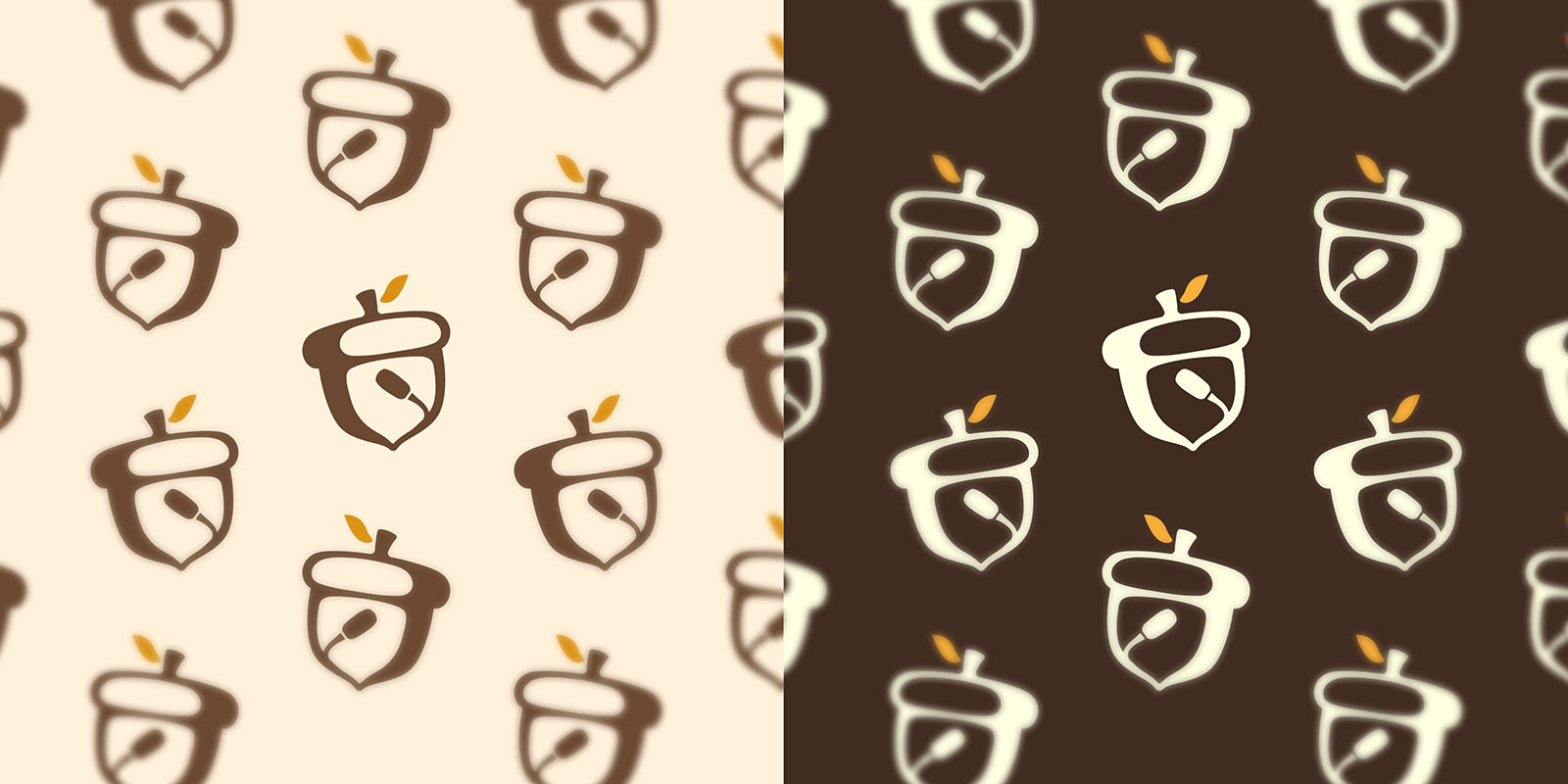 Acorn Academy logo mark repeated as a seamless pattern in light and dark colorways.