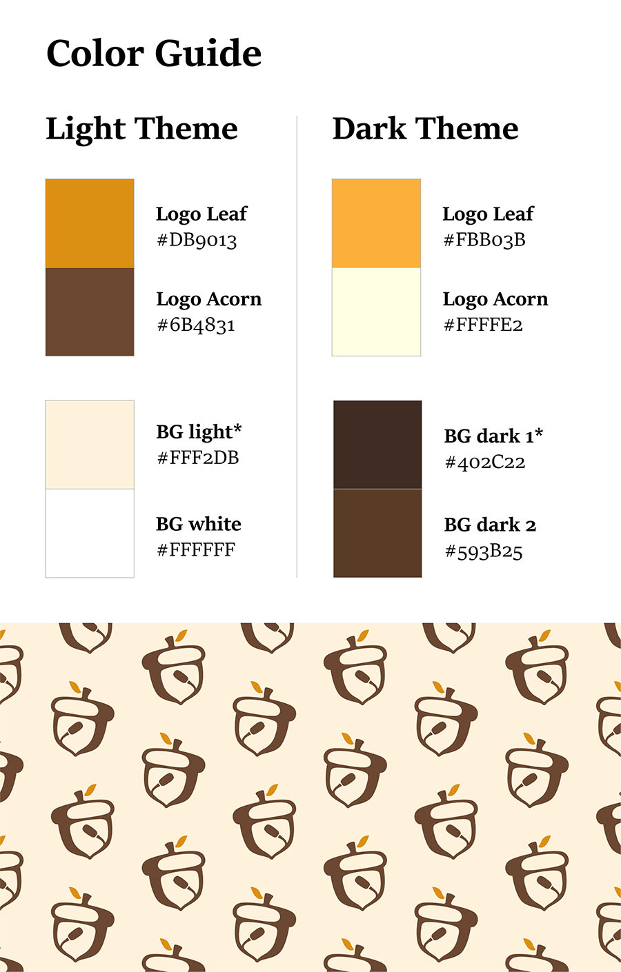 Color guide listing Acorn Academy's light and dark theme colors with hex codes, above a repeating acorn pattern swatch.