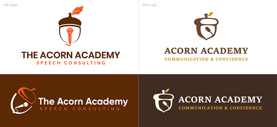 Side-by-side comparison of Acorn Academy's old and new acorn logos, each in light and dark theme versions.