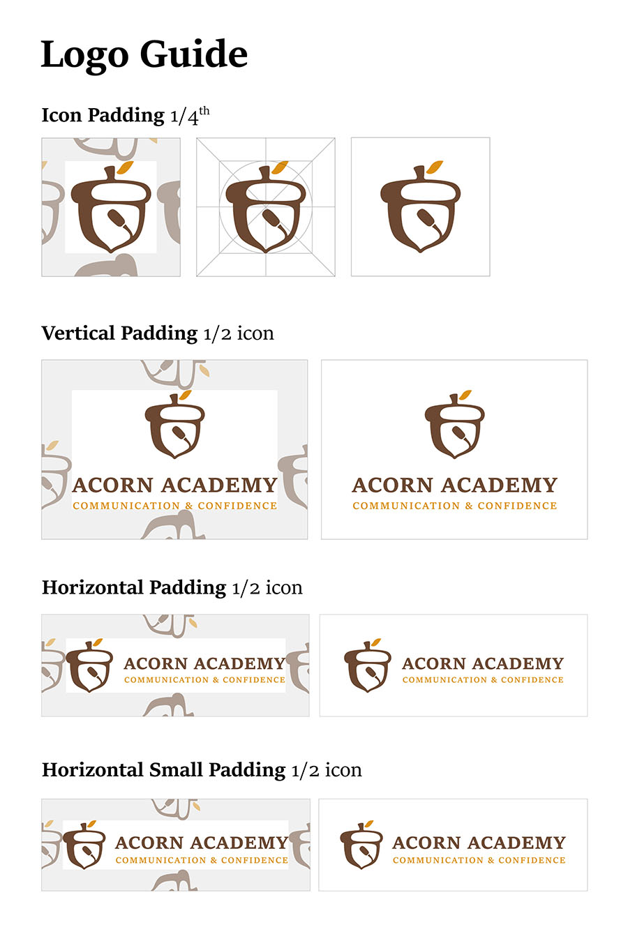 Logo guide showing icon and spacing padding rules for the Acorn Academy logo.