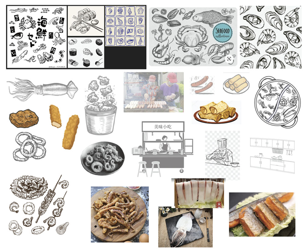 Mood board of seafood and food illustrations, line art, and product photos gathered for reference.
