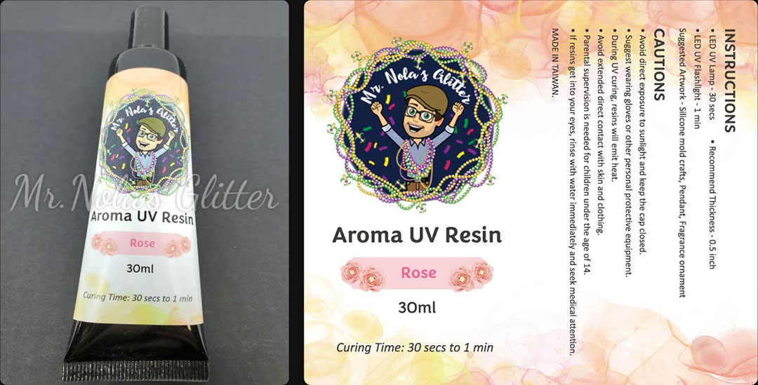 Aroma UV Resin tube and packaging label in rose scent, with instructions and cautions.