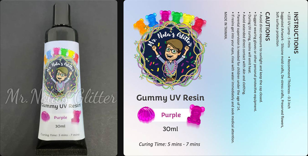 Gummy UV Resin tube and packaging label in purple, with instructions and cautions.