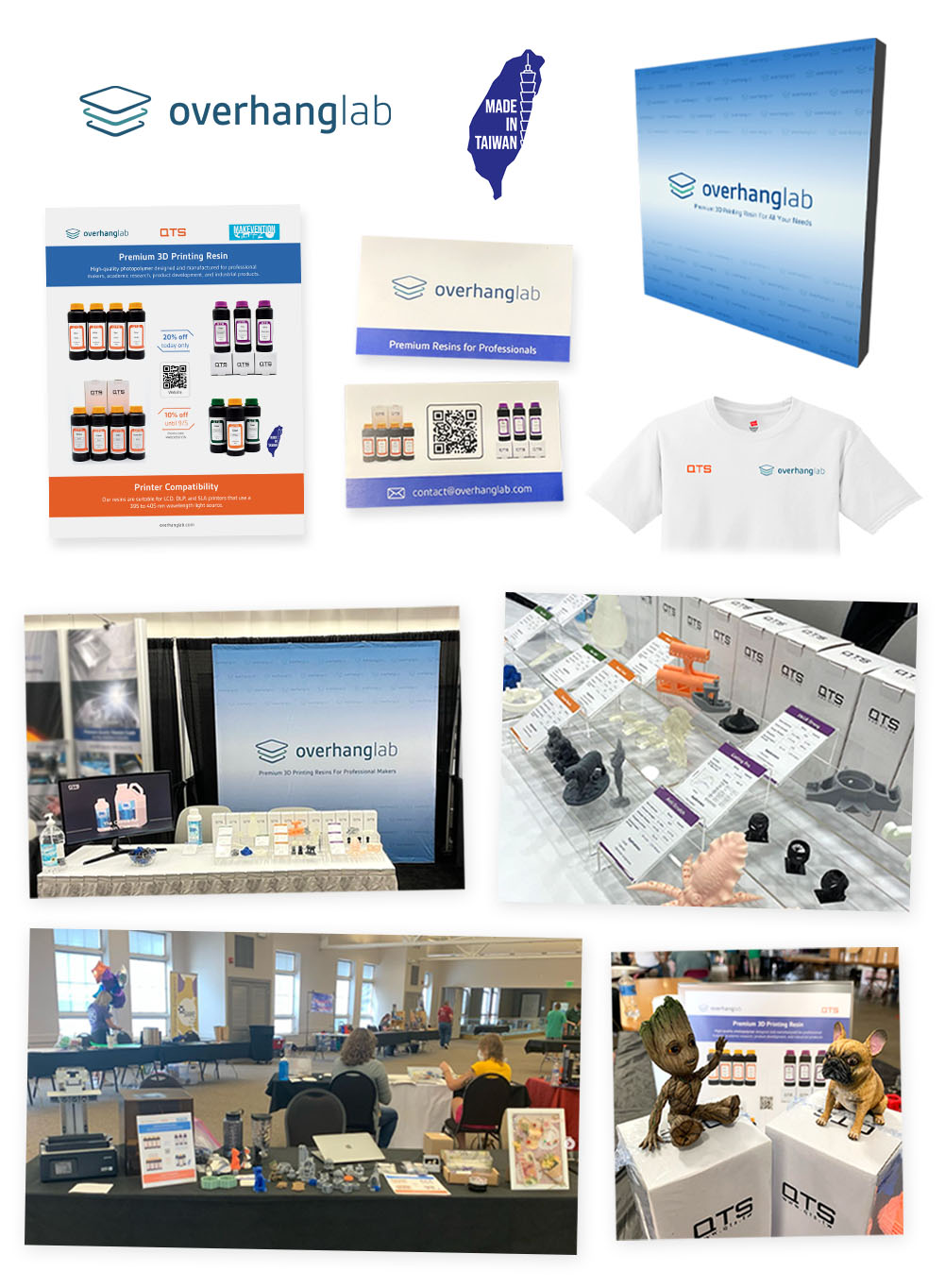 Overhang Lab branding and marketing materials: logo, exhibition banner, product flyer, business cards, a printed T-shirt, and trade show booth photos.